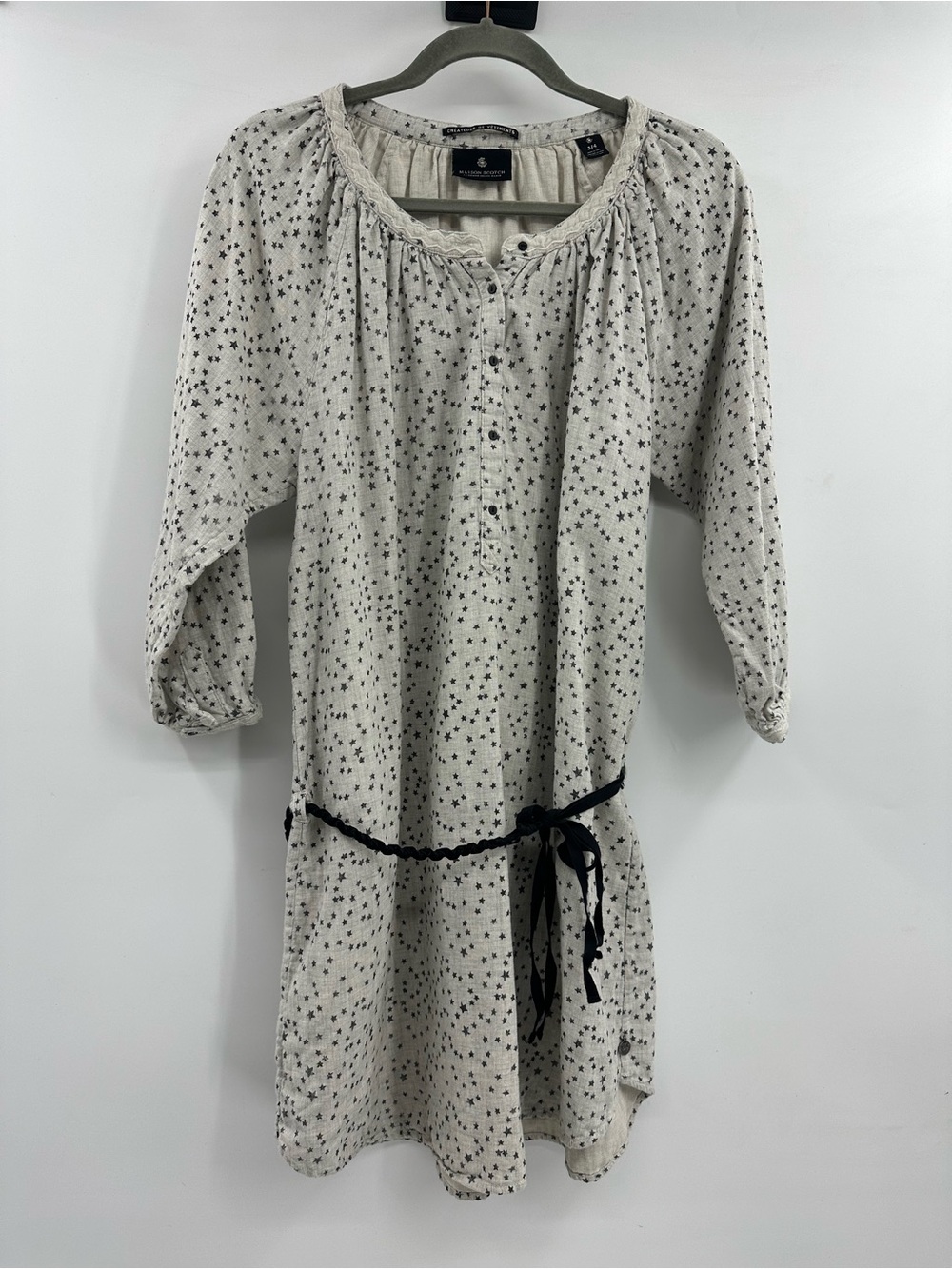 Maison Scotch Star-Print Peasant Dress with Black Tie
